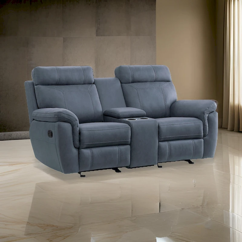 Clif 76 Inch Manual Glider Reclining Loveseat, Solid Wood, Blue Microfiber