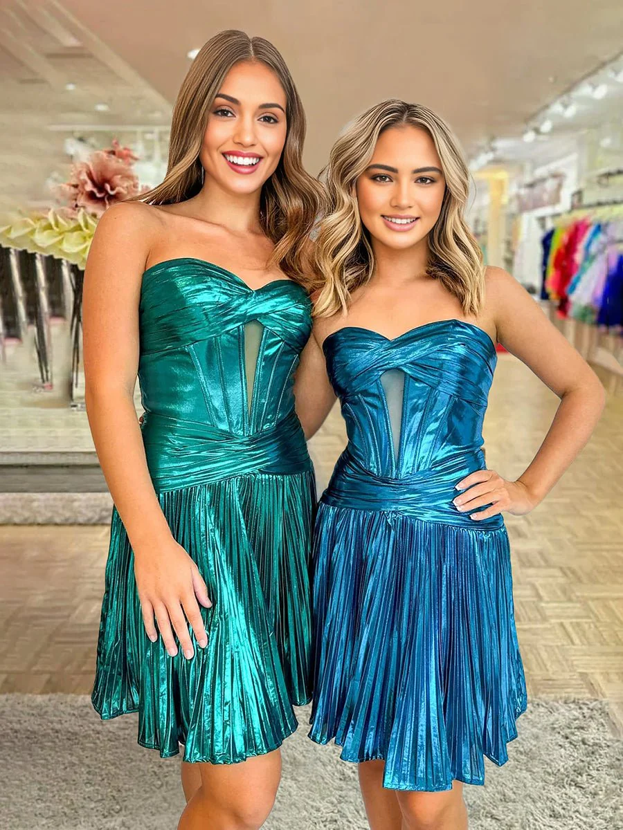 Turquoise - A Line Sweetheart Cutout Metallic Short Homecoming Dresses