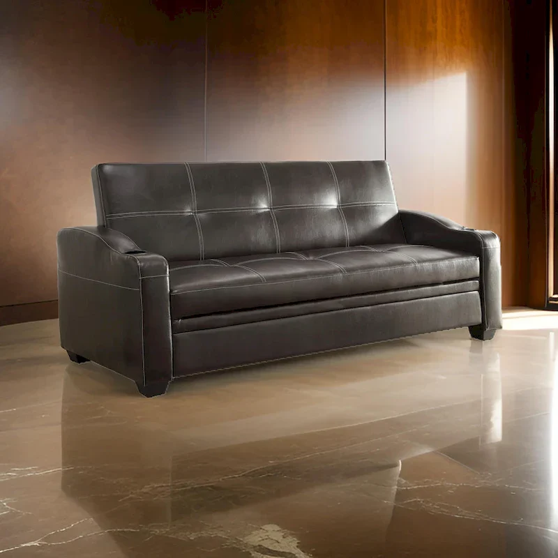 Ferry 83 Inch Lounger Sofa Bed, Tufted Brown Faux Leather, Solid Wood