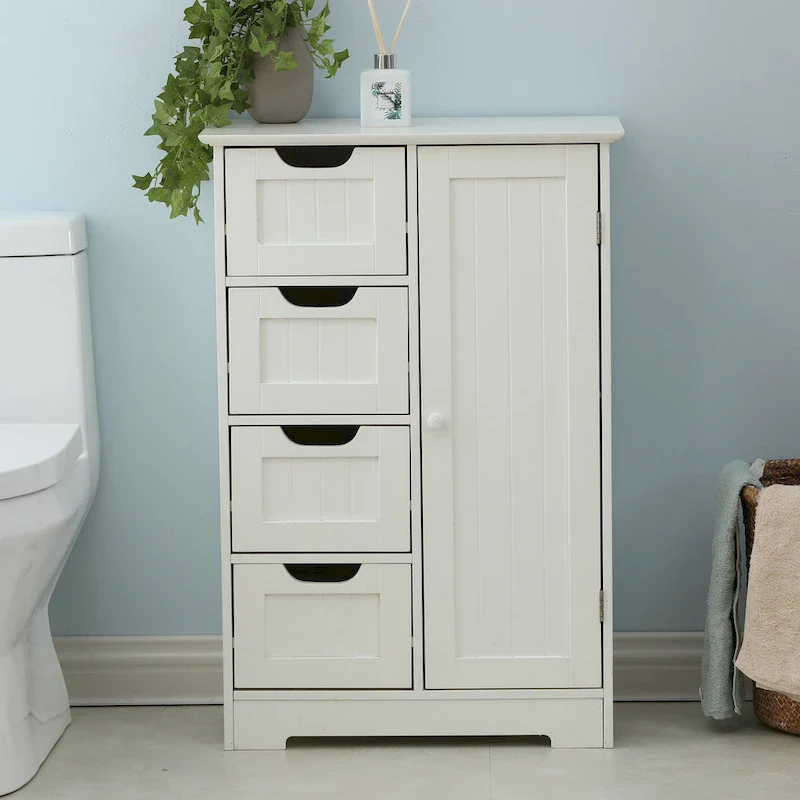 White Wood 4-Drawer 1-Door Bathroom Storage Cabinet - 32.68  H x 22.05  W x 11.81  D