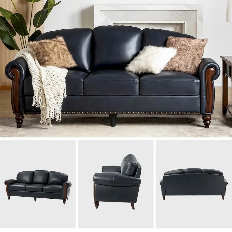 84 Traditional Genuine Leather Sofa with Carved Wood Legs