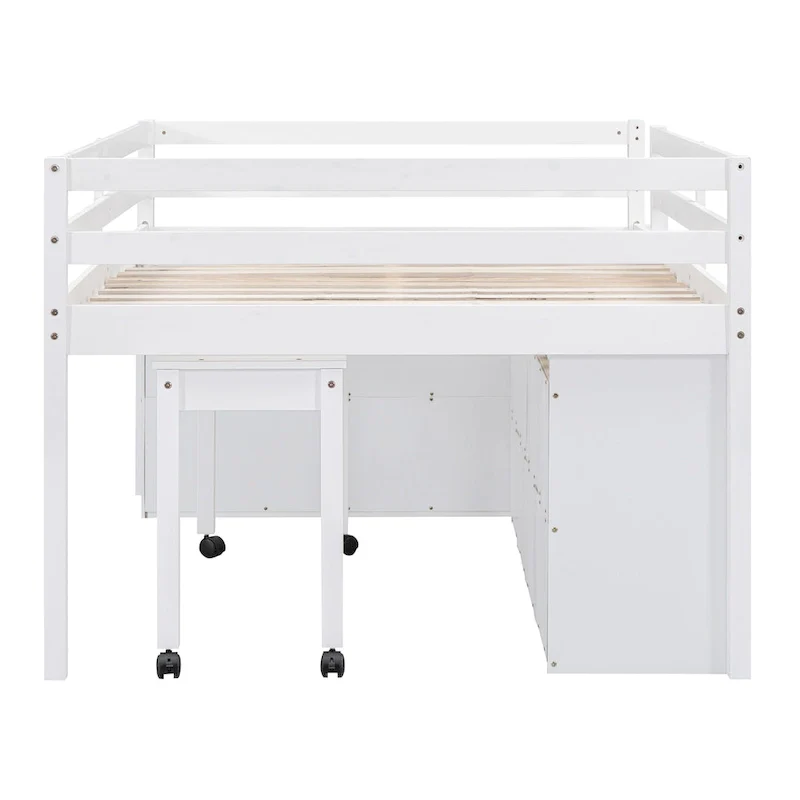 White Full Size Solid Wood Loft Bed with Retractable Desk and Drawers