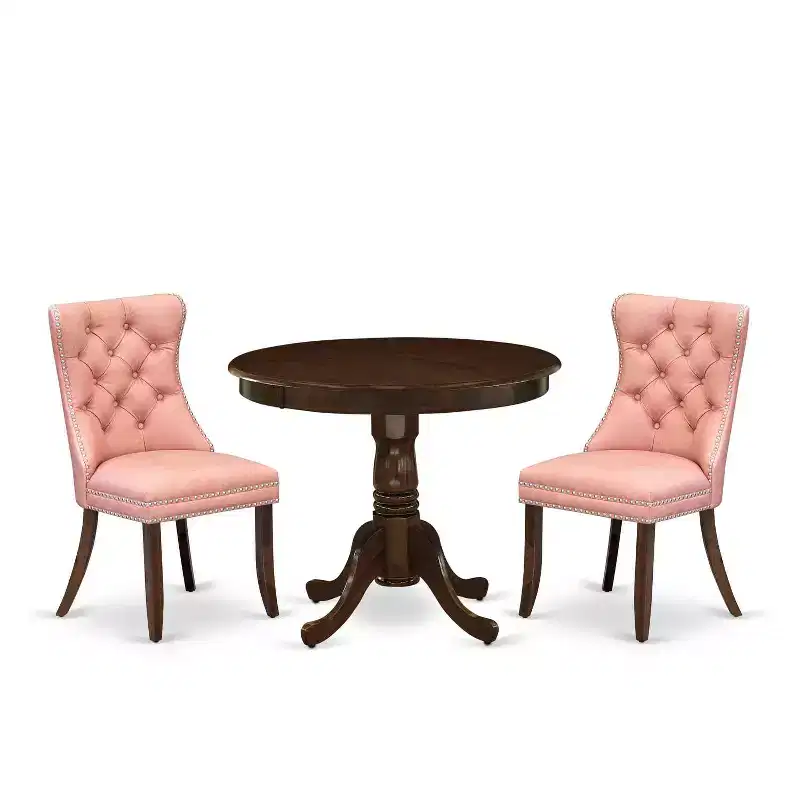HomeStock 3-Piece Antique Walnut Finish Solid Wood Top - Round Upholstered Dining Room Set - (Seats-4)