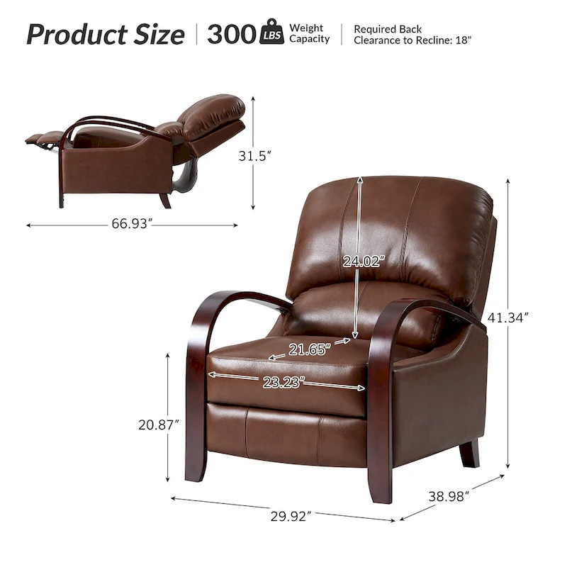 Alex Mid-century Modern Cigar Genuine Leather Manual Recliner with Wooden Curved Arms, Set of 2