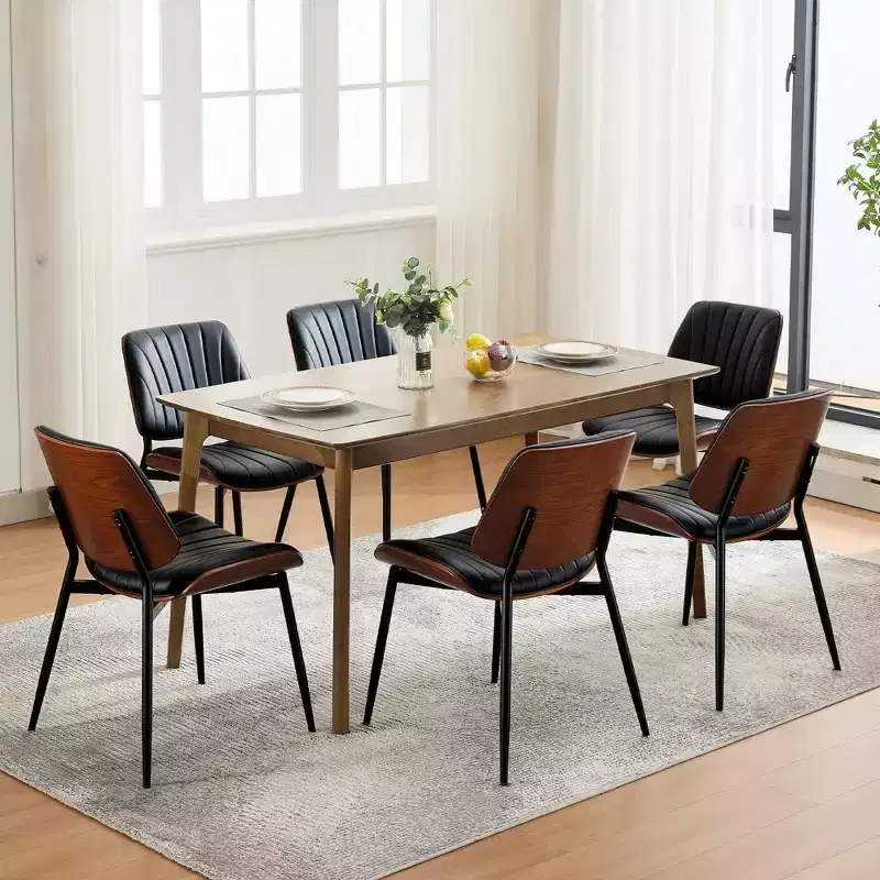 Wooden Dining Chairs Set of 2, Modern PU Leather Upholstered Accent Chairs with Shell Strips, Walnut Bentwood Back and Metal Legs, for Dining Room