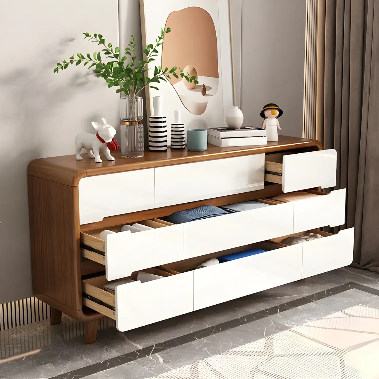 Traditional White-Brown Wooden Double Dresser Arched Edge