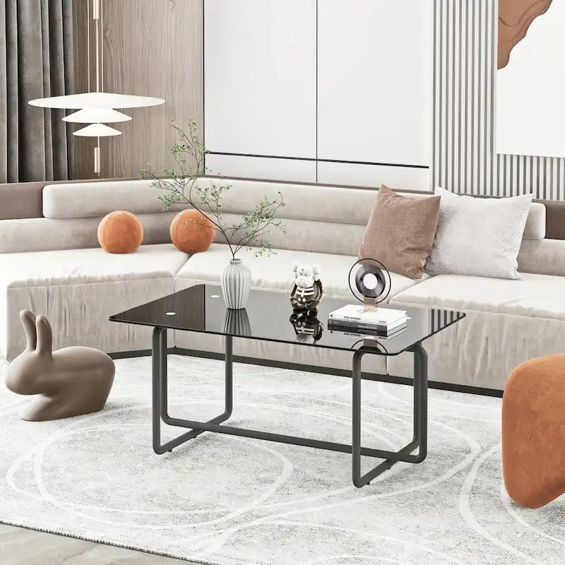 Modern Tempered Glass and Black Metal Coffee Table - 23.62 x 39.37 x 17.71