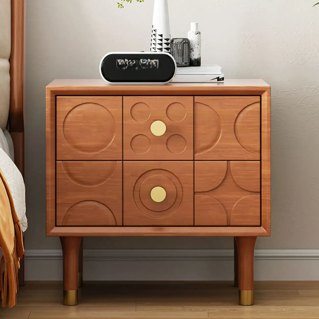 Vintage Wooden Carved Pattern 2 Drawers Bedside Nightstand