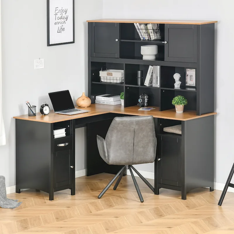 L-Shaped Corner Computer Desk with Hutch, Home Office Study Workstation