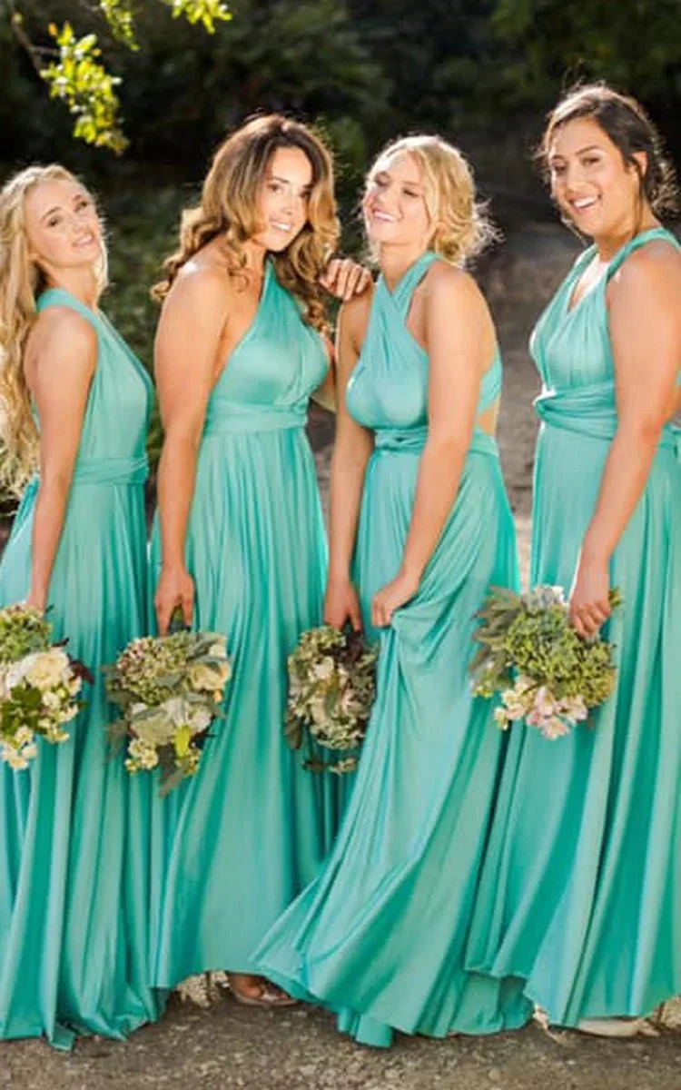 A Line Halter Neck Jersey Bridesmaid Dress With Half Sleeves And Straps Back
