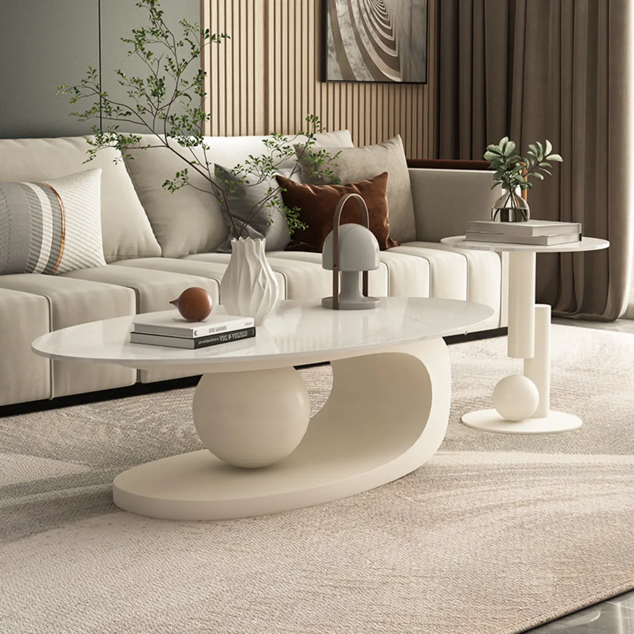 Modern Light Luxury White Oval Coffee Table with Metal Base