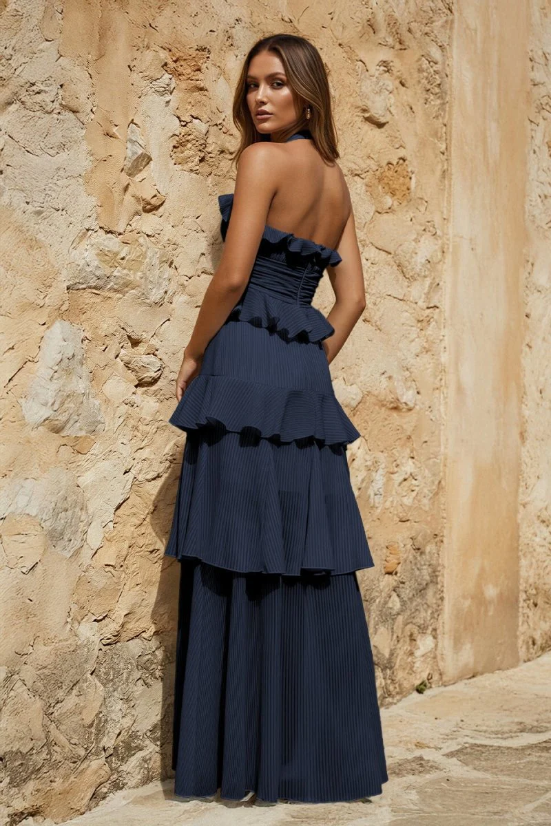 Sky Blue Halter Sheath Pleated Chiffon Long Prom Dresses With Ruffles