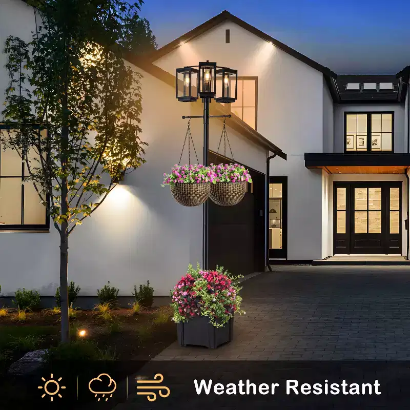 C Cattleya 3-Light 77.5in Black Complete Post Light with Planter and Clear Tempered Glass