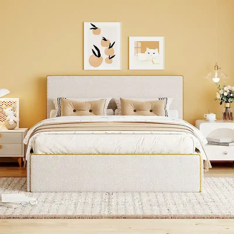 Full Fleece Platform Bed with 4 Storage Drawers & Gold-Edge Headboard – Grey / White, Single