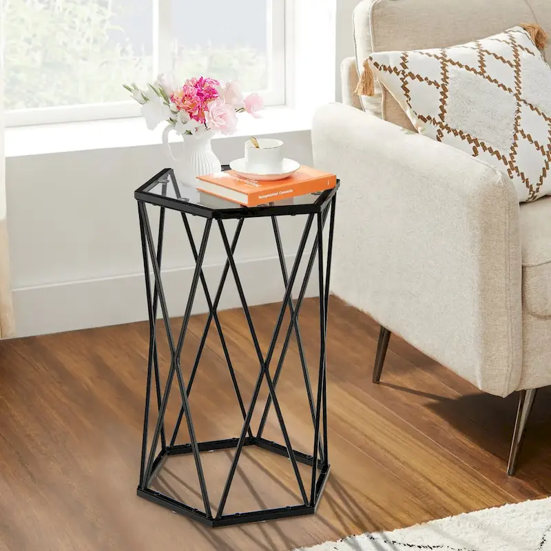 Costway End Table Tempered Glass Top Metal Frame Hexagonal Accent Side - 16