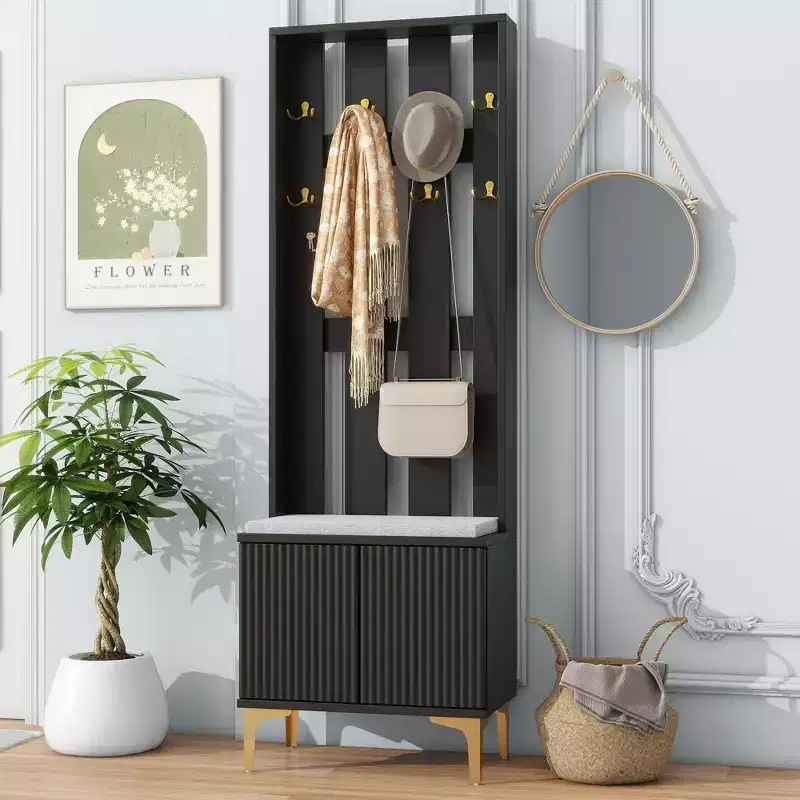 24''W 4 in 1 Modern Hall Tree Coat Rack Multifunctional Hallway Shoe Cabinet with Cushioned Storage Bench, Hooks and Adjustable Shelves-ModernLuxe