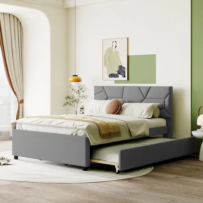 Grey Linen Upholstered Full Platform Bed with Brick Pattern Headboard and Trundle - No Box Spring Needed