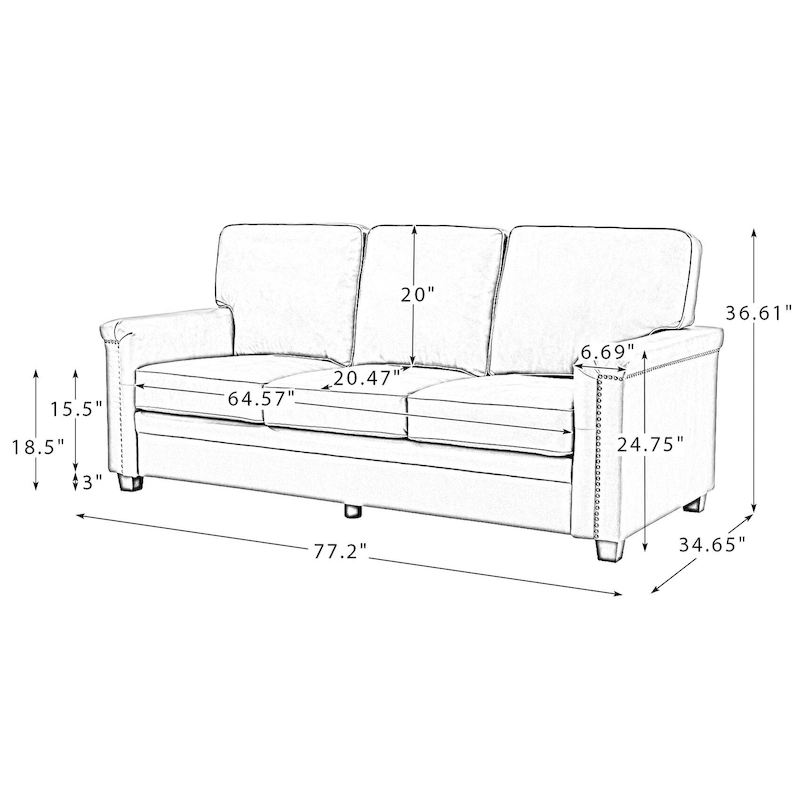 Rita Living Room 3-Seat Genuine Leather Sofa with Solid Wood Legs and Nailhead