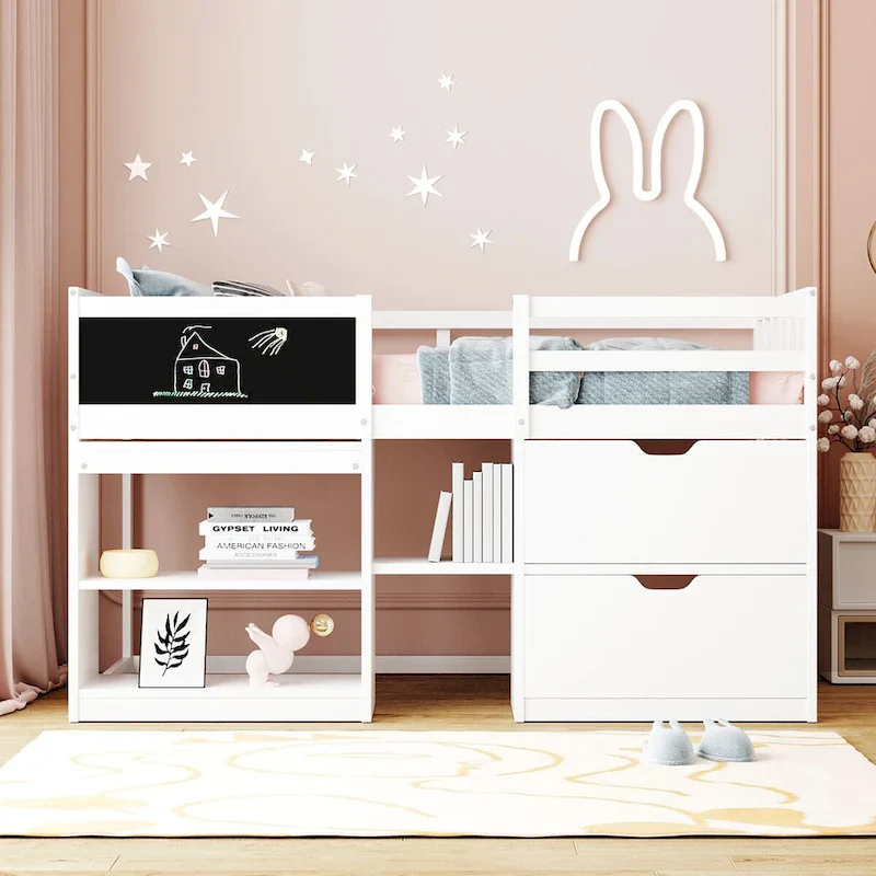 Twin Size Low Loft Bed with Rolling Desk, Blackboard & Storage Drawers