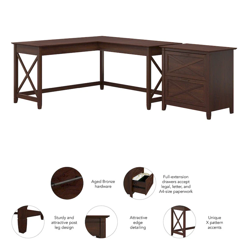 60W L Desk with 2 Drawer File Cabinet