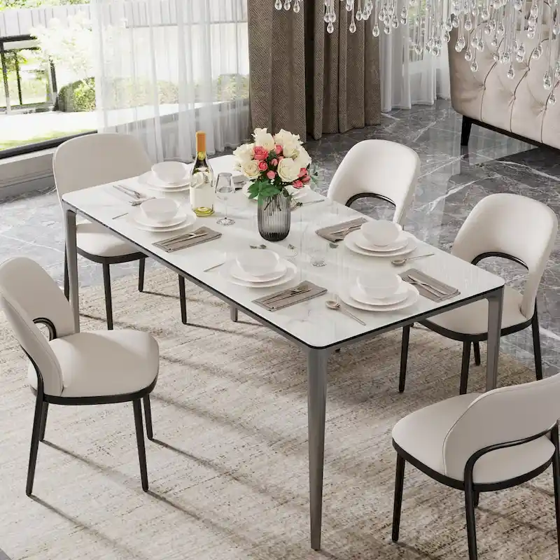 Carbon Grey & White Sintered Stone & Tempered Glass Rectangular Dining Table with Aluminum Legs – Seats 6