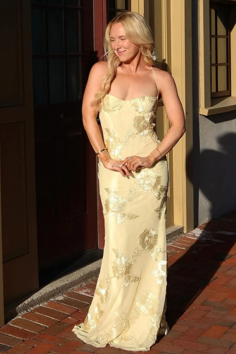 Yellow Spaghetti Straps Sheath Long Prom Dresses With Floral Embroidery