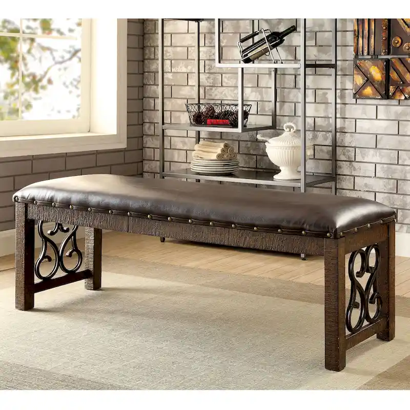 Rustic Walnut Faux Leather Dining Bench with Metal Scroll Detail – Multi-Person