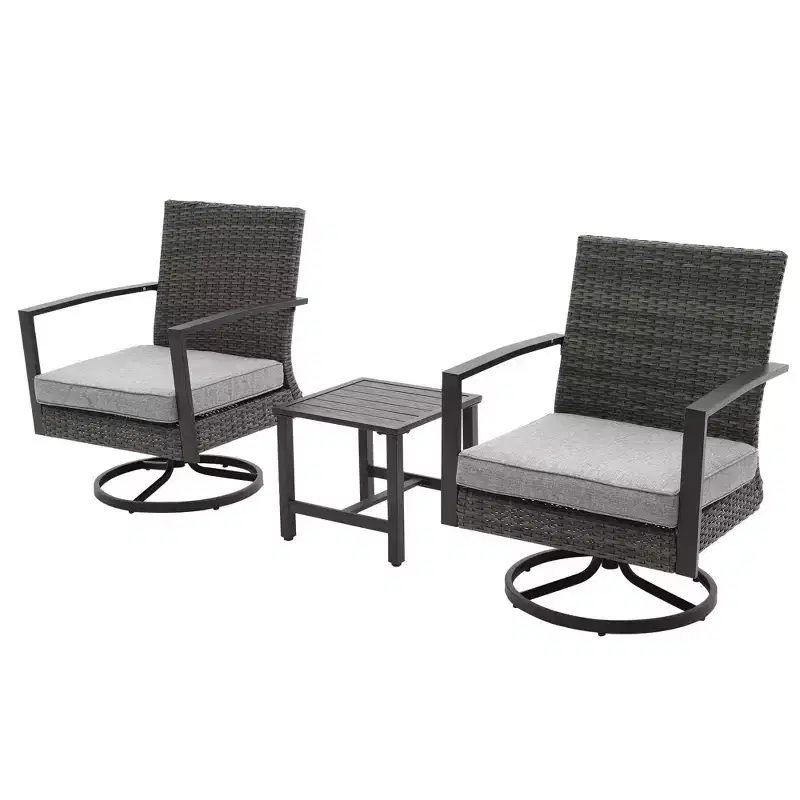 Heynemo 3 Pieces Patio Bistro Set with Swivel Chair and Small Side Table, All Weather Rattan Chairs with Water-Resistant Cushions & Metal Frame