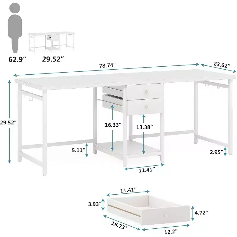 Lantine 79 Inch Extra Long Double Desk with 2 Drawers, Two Person Computer Desk with Storage Shelves, Writing Table Study Desk for Home Office, White