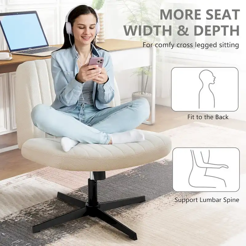 Criss Cross Legged Office, Wide Comfty Desk, Wheels Armless Computer Task, Swivel Vanity Home Chair, Height Adjustable