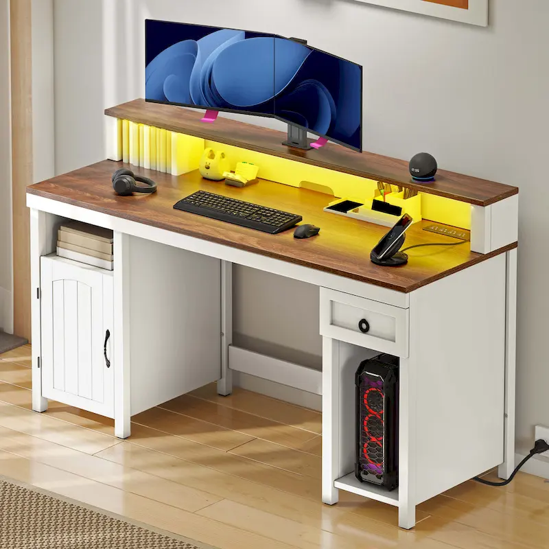 Moasis Farmhouse Wood Office Desk with Drawer and LED Strip & Power Outlets