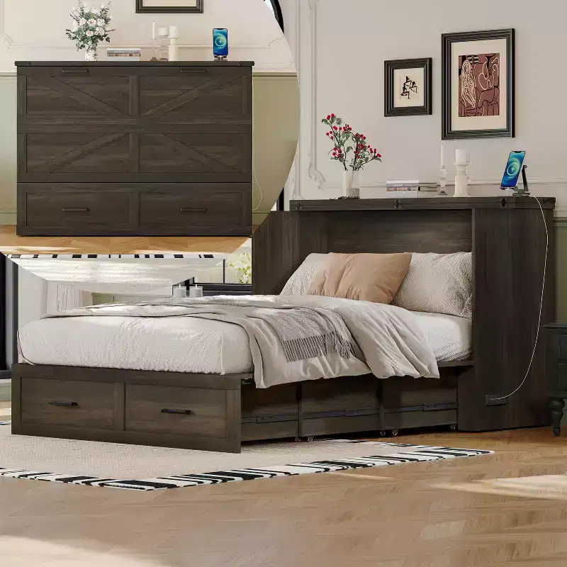 MAYEERTY Full Size Framhouse Cabinet Bed with Foldable Platform Bed with Large Storage Drawer for Bedroom Rustic Gray