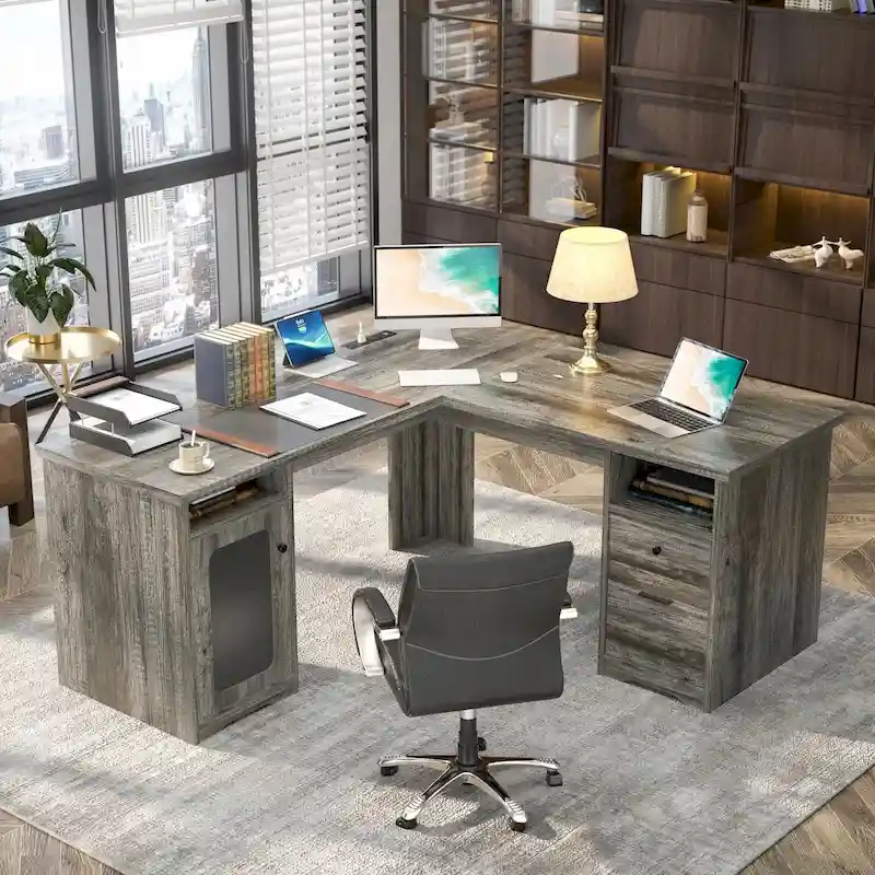 L-Shaped Desk with Storage & Charging – Grey Oak / Grey Walnut / Red Oak / Black / Rustic Brown / Enoch Walnut / White, Single-Person