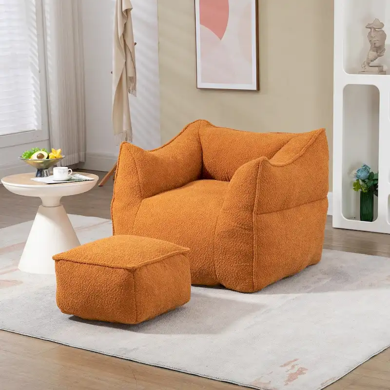 Boucle Upholstered Deep Seat Armless Square Bean Bag Chair with Ottoman