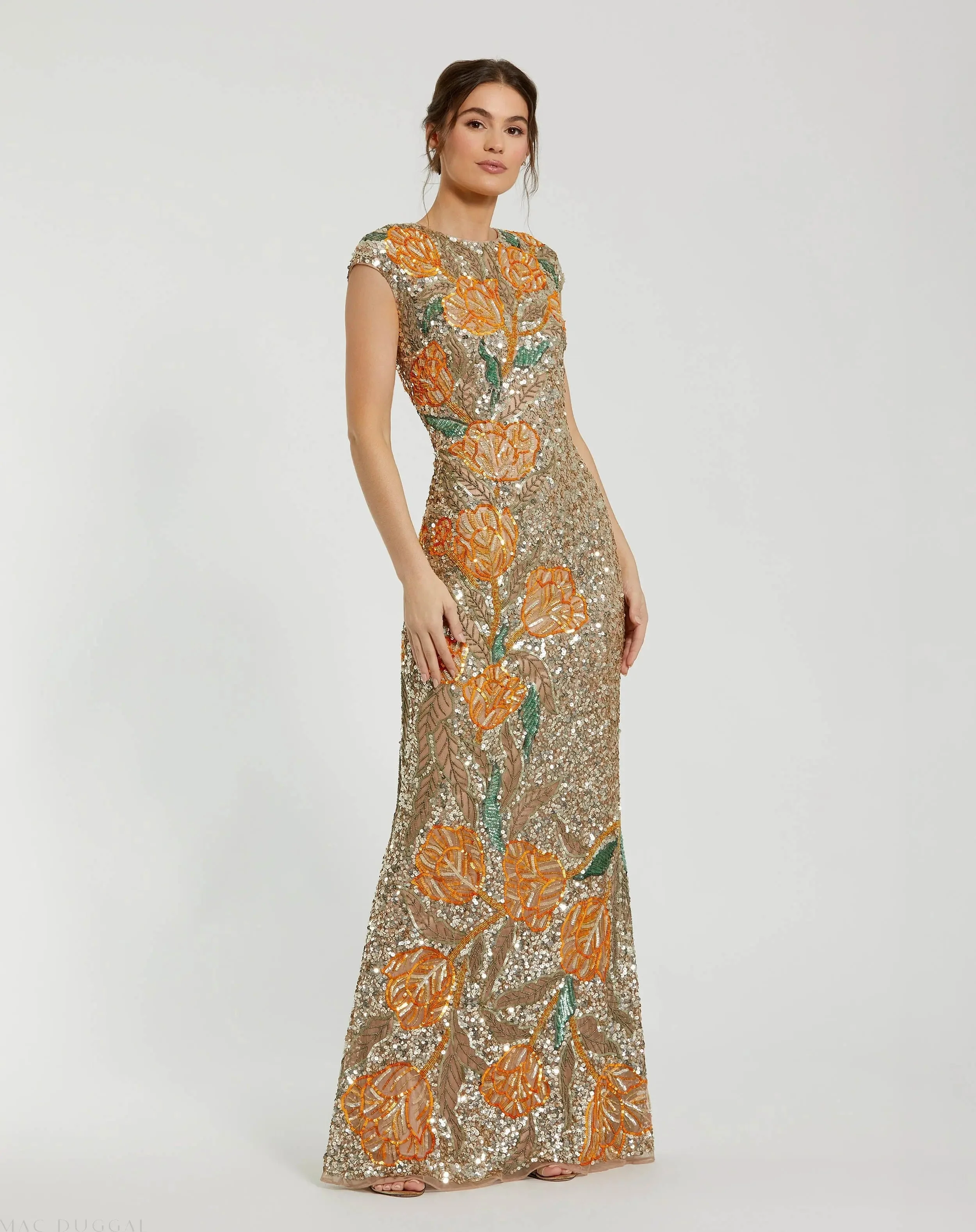 Gold Fitted Cap Sleeve Gown With Floral Beading