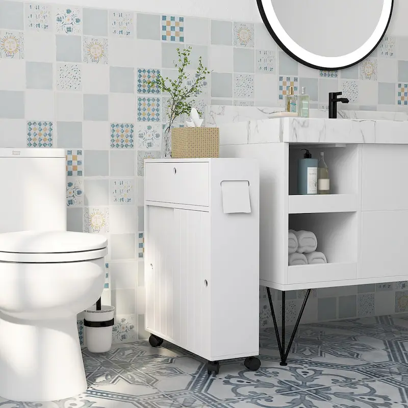 Toilet Paper Cabinet, Slim Bathroom Cabinet with 4 Rolling Wheels, Small Bathroom Storage Cabinet with Paper Holes