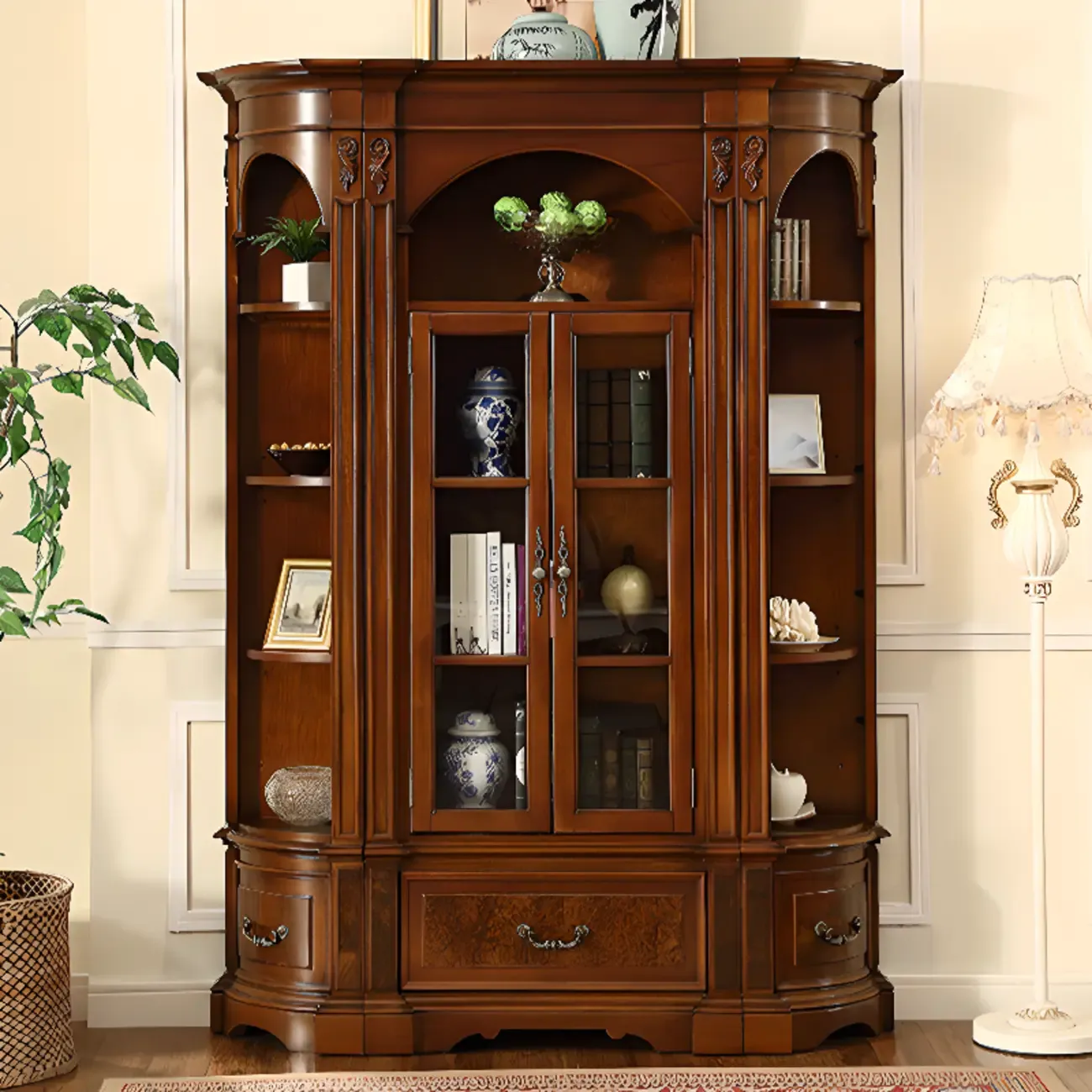 Tall Classic Brown Wooden Display Corner Bookcase with Drawer