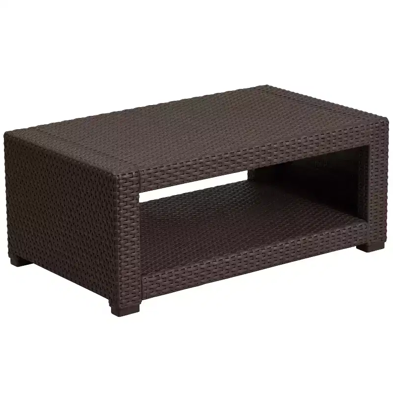 Merrick Lane Outdoor Furniture Coffee Table Chocolate Brown Faux Rattan Wicker Pattern All-Weather Patio Coffee Table With Shelving