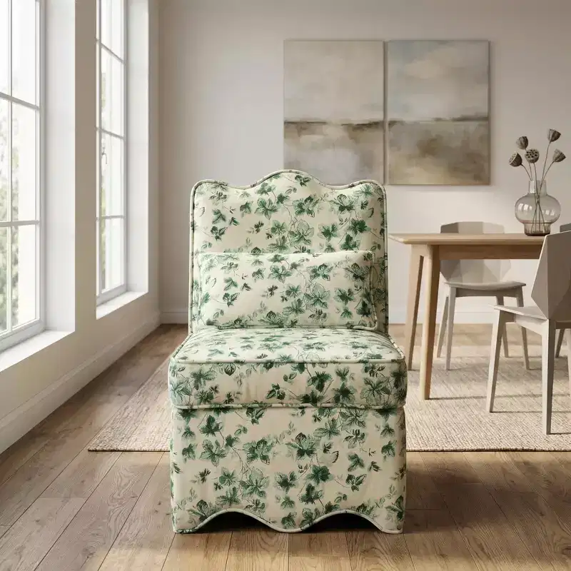 FurnitureR Floral Upholstered Slipper Chair with Cushion, Armless Accent Chair for Living Room Bedroom, Vintage Floral Reading Chair
