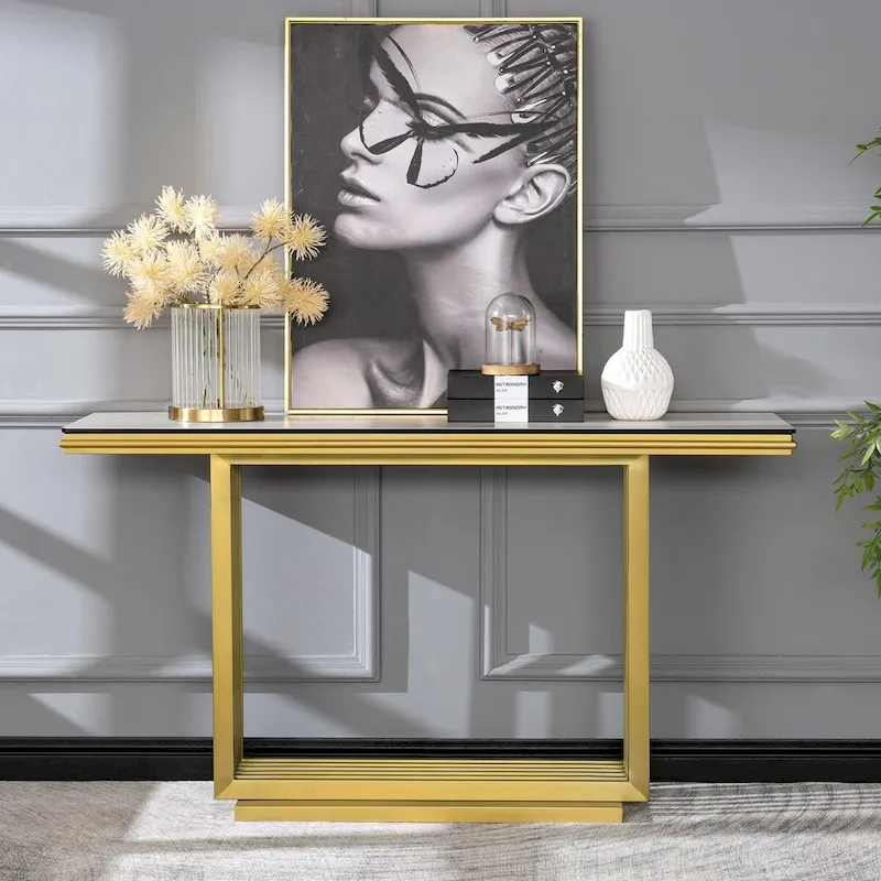 Glam 60 inch Rectangular Glass Console Table with Brushed Gold Stainless Steel Base