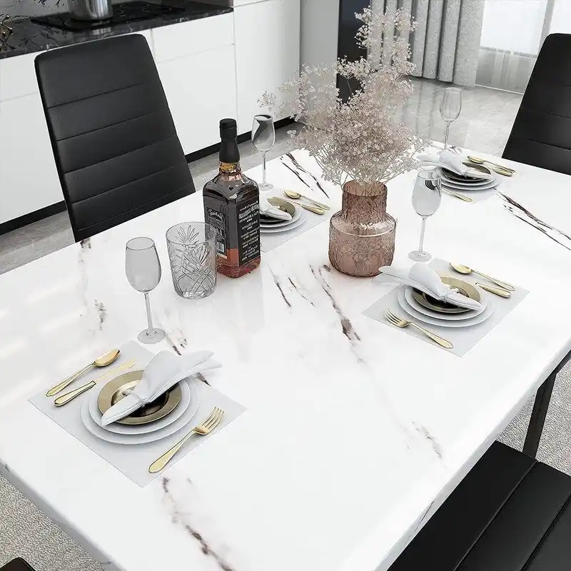 Modern 5-Piece Kitchen Dining Set, Counter Height Dinette Set with Marble Look Top and 4 Upholstered PU Leather Chairs