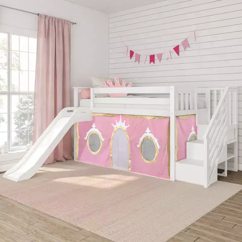 Twin Low Loft With Stairs, Easy Slide & Light Pink & Gold Princess Curtain
