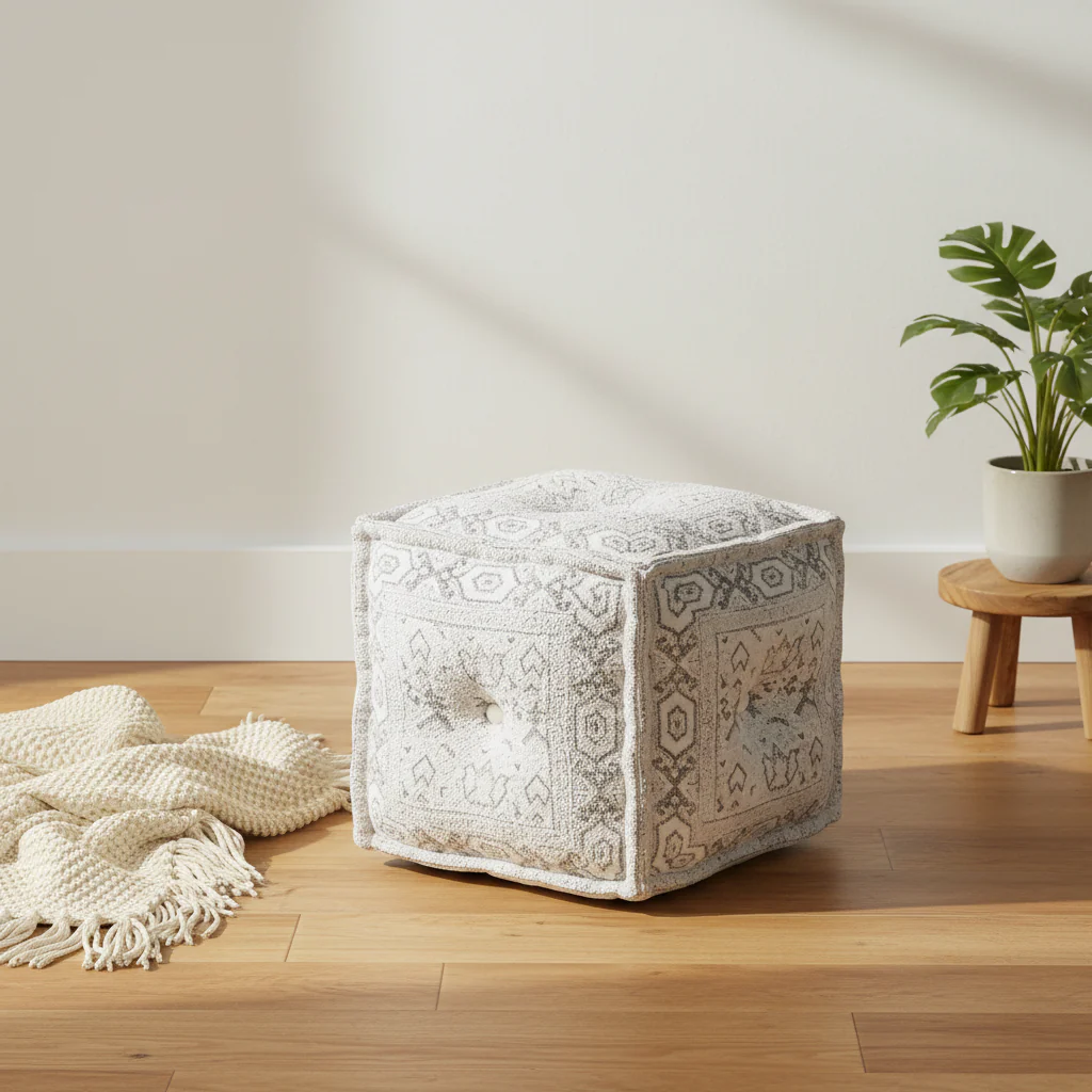 Bohemian Oriental White Round Pouf Ottoman