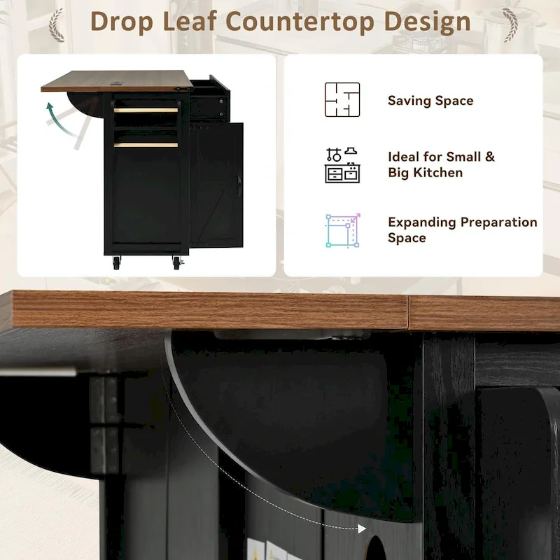 53.5 Farmhouse Kitchen Island - Power Outlet, Drop Leaf, Spice Rack, Drawer, Rolling Cart on Wheels