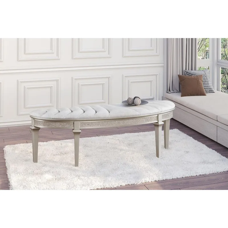 Silver Oak & Ivory Upholstered Demilune Bench | Entryway Accent Bench with Curved Design