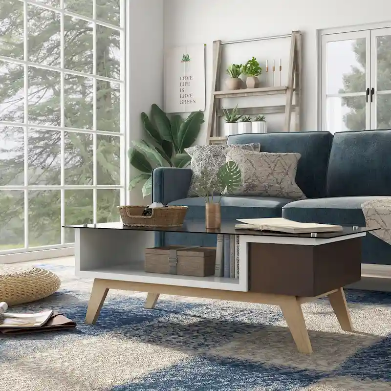 47-Inch Mid-Century Modern Coffee Table with Smoked Glass Top & White Cabinet