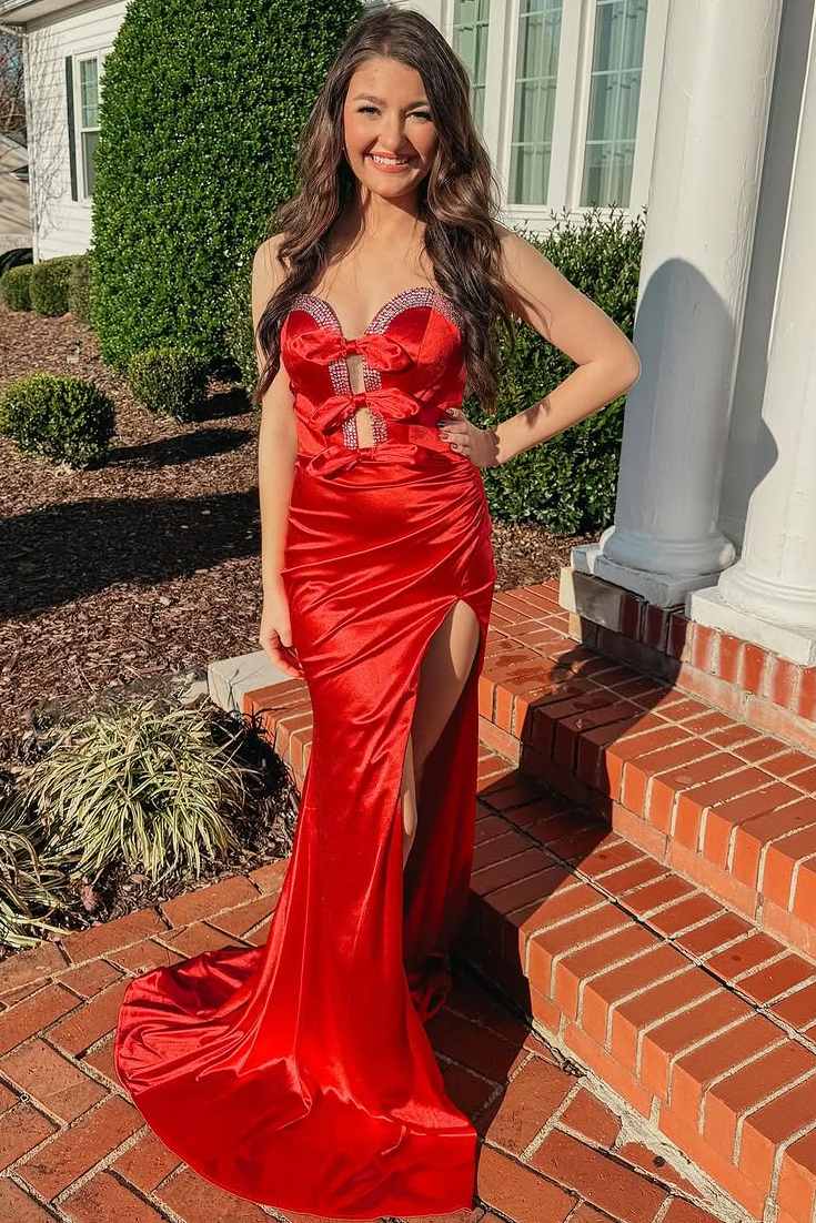 Red Strapless Strapless  Bow Mermaid Pleated Long Prom Dress with Slit