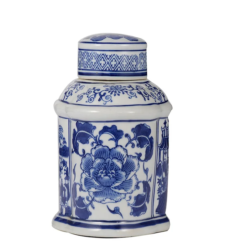 A&B Home Ren Blue and White Oval Jar with Lid