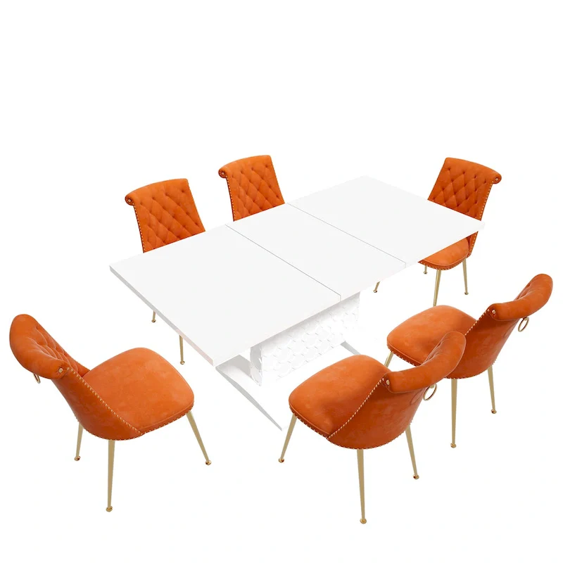 7-Piece Clihome High-gloss Extendable Table Velvet Chair Dining Set