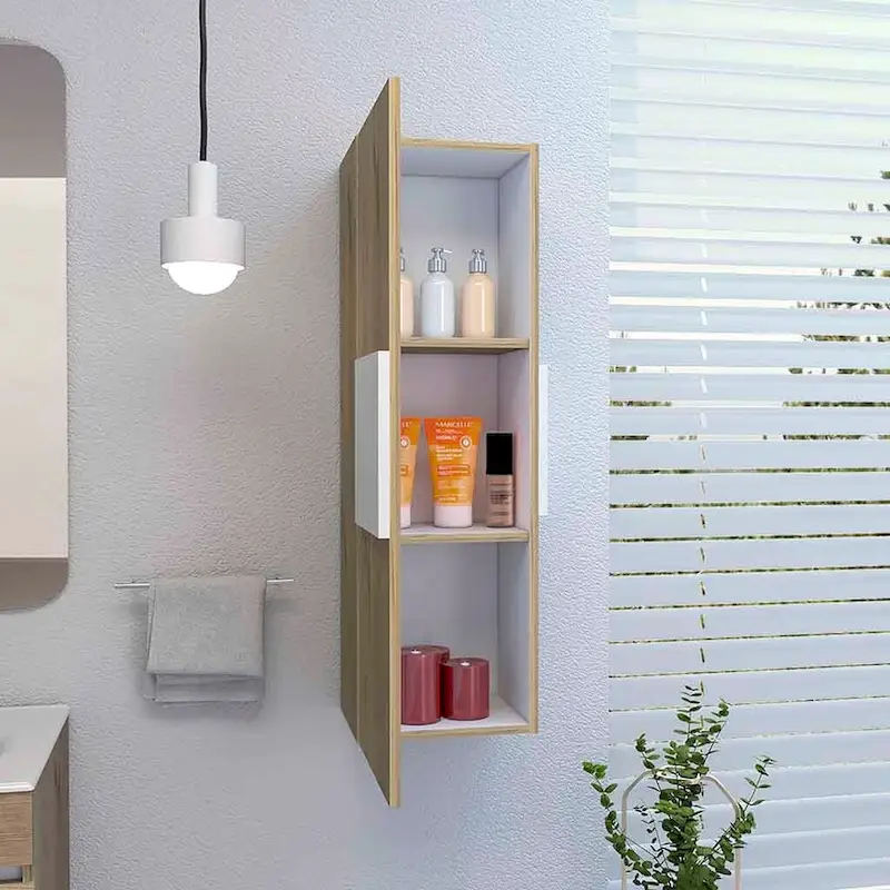 Single Door Medicine Cabinet with 3 Shelves, White/Light Oak